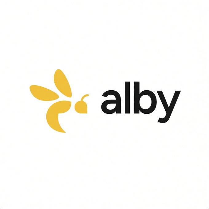 The image shows the Alby logo, featuring a stylized yellow bee icon next to the word "alby" in black lowercase text, representing the Bitcoin Lightning wallet and infrastructure provider mentioned in the article about the critical vulnerability discovered in older versions of its Alby Hub software.