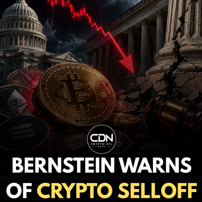 The image is a dramatic news thumbnail from "CDN Crypto DVL News" headlined "BERNSTEIN WARNS OF CRYPTO SELLOFF." It features a Bitcoin coin surrounded by crypto tokens, with the U.S. Capitol and a cracked classical column in the background under a red downward chart arrow, visually reinforcing Bernstein's warning of a market decline if the CLARITY Act stalls in the Senate.