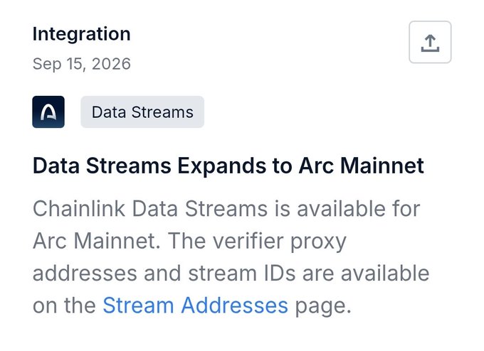 A Chainlink Integration notice dated Sep 15, 2026 announcing that 'Data Streams Expands to Arc Mainnet,' with verifier proxy addresses available on the Stream Addresses page.