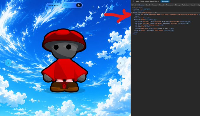 A cartoon character with a red mushroom-like cap and red outfit stands against a blue sky with clouds, while the right side shows browser developer tools with HTML code visible, indicated by a red arrow.