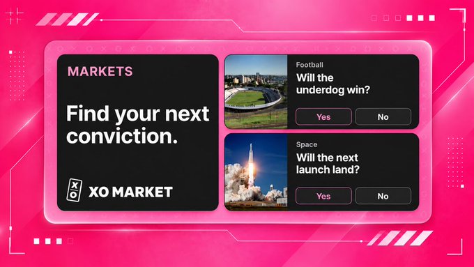A vibrant pink promotional graphic for XO Market's prediction platform displays "MARKETS - Find your next conviction" alongside two example "Convictions" Yes/No questions: "Will the underdog win?" (Football) and "Will the next launch land?" (Space), illustrating the user-generated, simple binary markets referenced in the post.