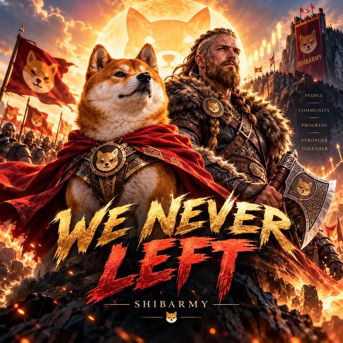 A poster-style image shows a warrior with braided hair standing next to a Shiba Inu wearing a red cape, with the text "WE NEVER LEFT" and "SHIBARMY" along with a list including "PEOPLE", "COMMUNITY", "PROGRESS", "STRONGER", and "TOGETHER".