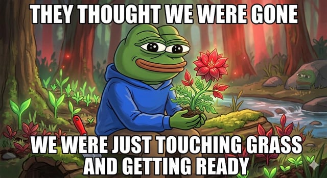 The image features a cartoon frog, likely a character from a children's book or comic strip, sitting among various plants and flowers. The frog appears sad as if it has lost its flower. Below the frog, there is text that reads "They thought we were gone...we were just touching grass and getting ready". This phrase seems to be a reference to the fact that the frog was once part of a story or series but is now described as being alone in the image.

The overall scene creates an interesting contrast between the sadness of the frog and the vibrant colors of the surrounding plants, flowers, and trees. The combination of these elements evokes a sense of loss and longing for the frog's return to its previous state within the story or series it was part of.