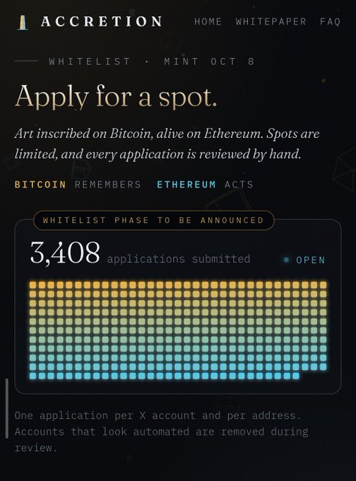 A website screenshot for 'ACCRETION' displaying 'Apply for a spot' with text reading 'Art inscribed on Bitcoin, alive on Ethereum' and showing '3,408 applications submitted' with a colored progress bar.