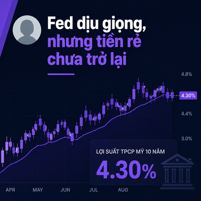 An infographic with Vietnamese text 'Fed diu giọng, nhưng tiền rẻ chưa trở lại' showing a candlestick chart of US 10-year Treasury yields ('LÃI SUẤT TPCP MỸ 10 NĂM') at 4.30%.