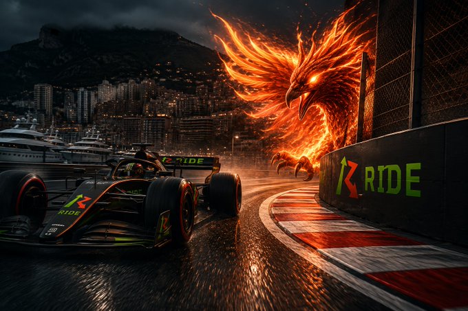 A digital artwork shows a Formula 1 race car on a wet track with a fiery phoenix rising in the background, branded with 'RIDE' logos on the car and trackside barriers.
