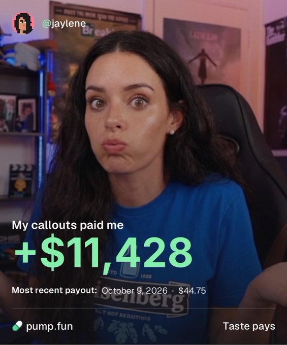 A woman with a pouting, surprised expression sits in a gaming chair wearing a blue T-shirt, with text overlay reading "My callouts paid me +$11,428" and "Most recent payout: October 9, 2026 · $44.75" alongside the username @jaylene and the pump.fun logo. The image humorously visualizes the post's claim of earning over $11,000 in just one month from "callouts" on pump.fun, framing it as a serious income stream while jokingly suggesting it's time to quit one's day job.