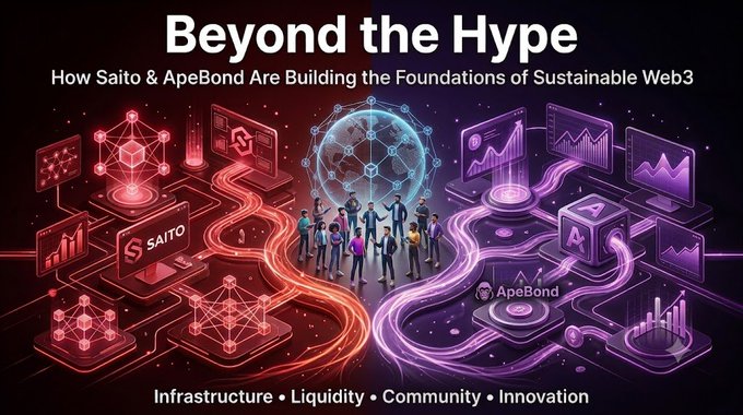 Web3 promotional banner titled 'Beyond the Hype: How Saito & ApeBond Are Building the Foundations of Sustainable Web3' with the pillars Infrastructure, Liquidity, Community, Innovation.