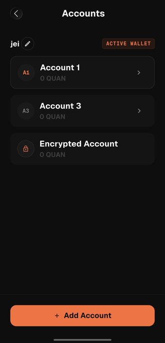 A mobile wallet app screen showing Accounts titled 'Account 1', 'Account 3', and 'Encrypted Account' under the username 'jei' with an 'ACTIVE WALLET' label.