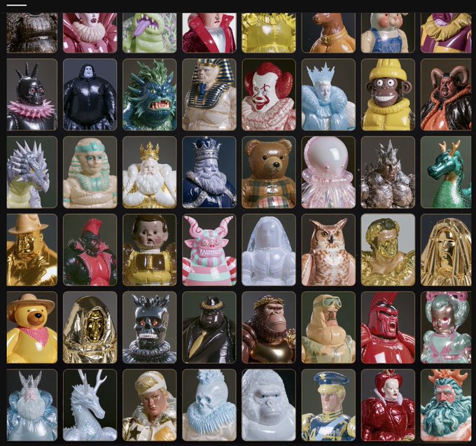A grid of 48 colorful, whimsical figurine-style character portraits—including clowns, kings, animals, and mythical creatures—likely showcases artwork from "The Seven House" NFT project by StudioBellini. The diverse collection of 3D-rendered busts visually represents the unique characters referenced in the upcoming OpenSea drop announcement.
