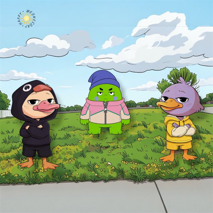 The image features three cartoon ducks standing together in a grassy area, with one duck wearing a black hoodie and another wearing a pink jacket. The third duck has a green hat on its head. The background of the image shows a sunny day with clouds, giving the scene a cheerful atmosphere. The post includes text that reads "gm gm x famm happy wednesday hope ya all enjoy da rest of week still touchin grass woke up feelin bright and checked my @sleepagotchi activity out my sleep score was 74 still improving ngl very excited about @CNPYNetwork gonna try to build a blockchain quackin is still".