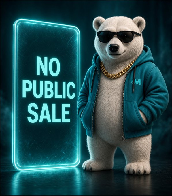 A white polar bear wearing sunglasses, a gold chain, and a teal hoodie with "VM" stands next to a glowing cyan sign reading "NO PUBLIC SALE".