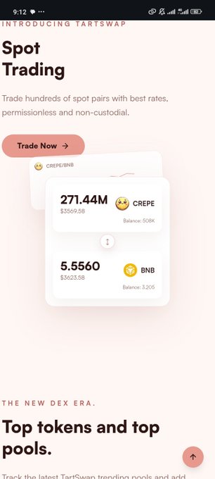 A mobile app screen promoting 'Spot Trading' on the introduction of TartSwap, showing a CREPE/BNB trading pair and balances of 50k CREPE and 3.205 BNB.