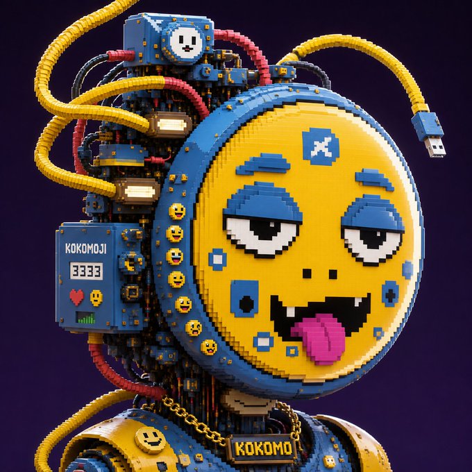 A 3D rendered, LEGO-style character with a large round yellow emoji face sticking its tongue out, featuring a blue robotic body with cables, USB connectors, and the name 'KOKOMO' on a chain, with a panel reading 'KOKOMOJI 3333'.