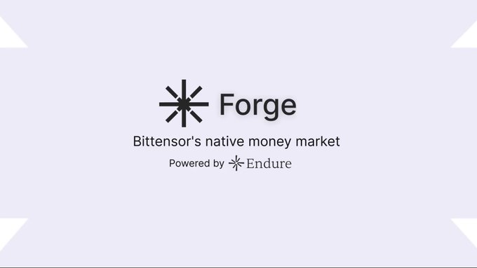The image features a white banner with black text that reads "Forge" at the top. Below this, there are two lines of black text that say "Bittensor's native money market powered by Endure", indicating that Bittensor is entering its next phase into a complete financial ecosystem and becoming the native money market for Bittensor users. The image also includes an image of a star with eight points, which could be interpreted as a symbol or logo related to the "Forge" brand name.