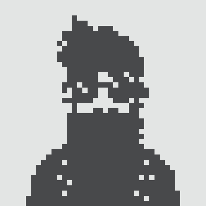 A pixelated dark gray silhouette of a hooded figure with obscured facial features on a white background.
