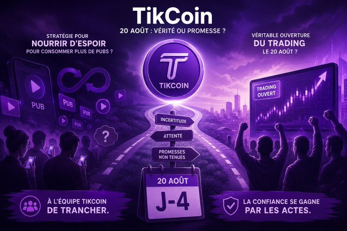 A promotional graphic for TikCoin dated '20 AOÛT' features French text asking 'VÉRITÉ OU PROMESSE?', showing crowds on phones, a road with signs reading 'INCERTITUDE', 'ATTENTE', and 'PROMESSES NON TENUES', and a calendar showing 'J-4'.