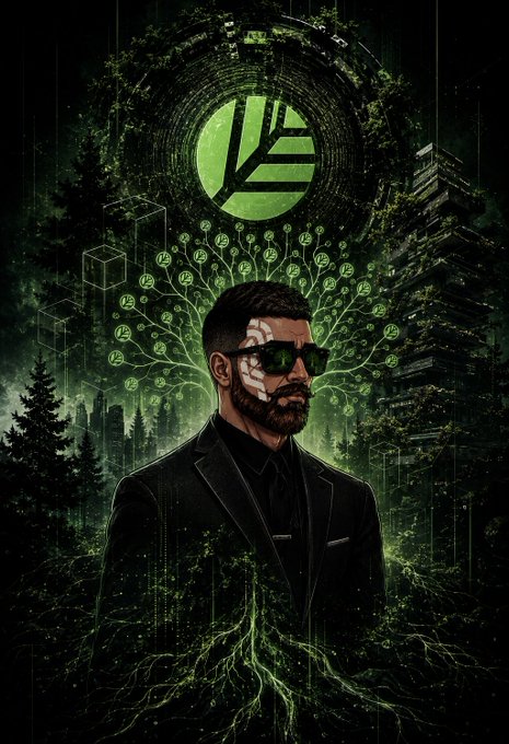 A bearded man in sunglasses with circuit-board patterns on his face stands in a dark forest beneath a glowing green circular logo, with digital tree roots and cascading network nodes extending from the imagery. The composition visually echoes the post's theme of blockchain fragility, portraying decentralized infrastructure as an organic yet vulnerable system—one where a single chain halt can leave dependent applications stranded in digital limbo.
