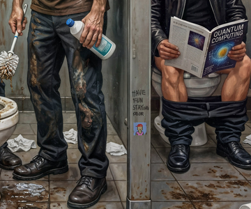 The image features two men sitting next to each other, one reading a book while the other is using a toilet brush to clean the toilet bowl. The man cleaning the toilet has a bottle of cleaner with him, which he uses to clean the toilet bowl. There are also some books and magazines visible in the scene.