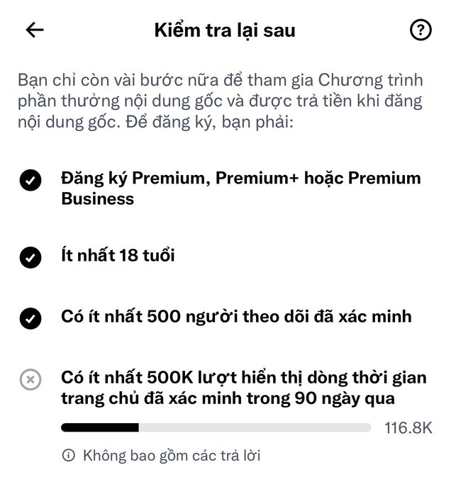 A Vietnamese-language X/Twitter eligibility screen titled 'Kiểm tra lại sau' (Check back later) showing requirements for monetization, with progress bars indicating 116.8K out of 500K required homepage views in the last 90 days.