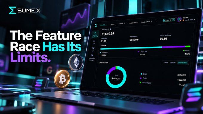 An advertisement for 'SUMEX' exchange featuring the text 'The Feature Race Has Its Limits' alongside a laptop displaying a trading dashboard with a $1,640.69 net worth and cryptocurrency coins (Bitcoin and Ethereum).