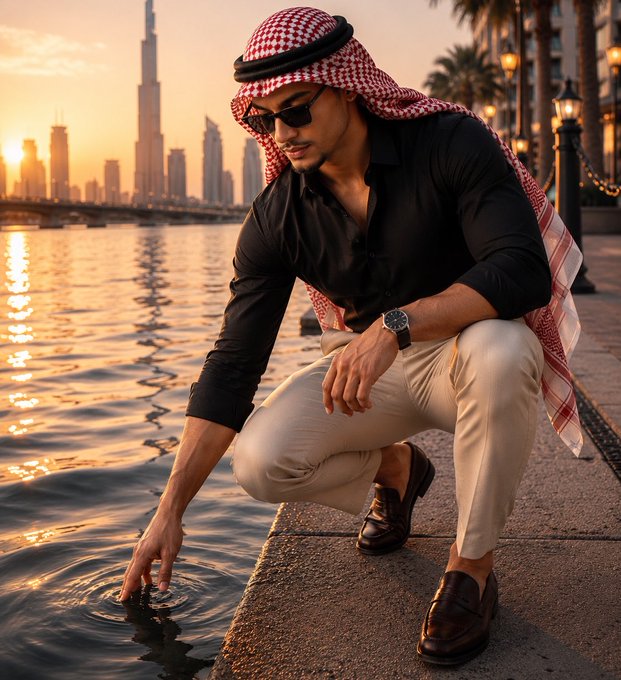 A stylish man wearing a keffiyeh and sunglasses crouches by the waterfront at sunset, reaching toward the rippling water with the Dubai skyline in the background, visually evoking themes of calm reflection amid turbulence—mirroring the post's theme of staying composed while analyzing Beldex's recent challenges.