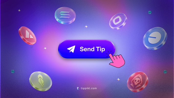 A digital graphic features a central 'Send Tip' button on a purple background, surrounded by floating cryptocurrency-themed icons and labeled 'tippik.com'.