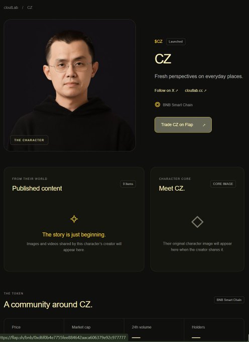 A webpage for 'CZ' token featuring a portrait of Changpeng Zhao, founder of BNB Smart Chain, with 'Trade CZ on Flap' button.