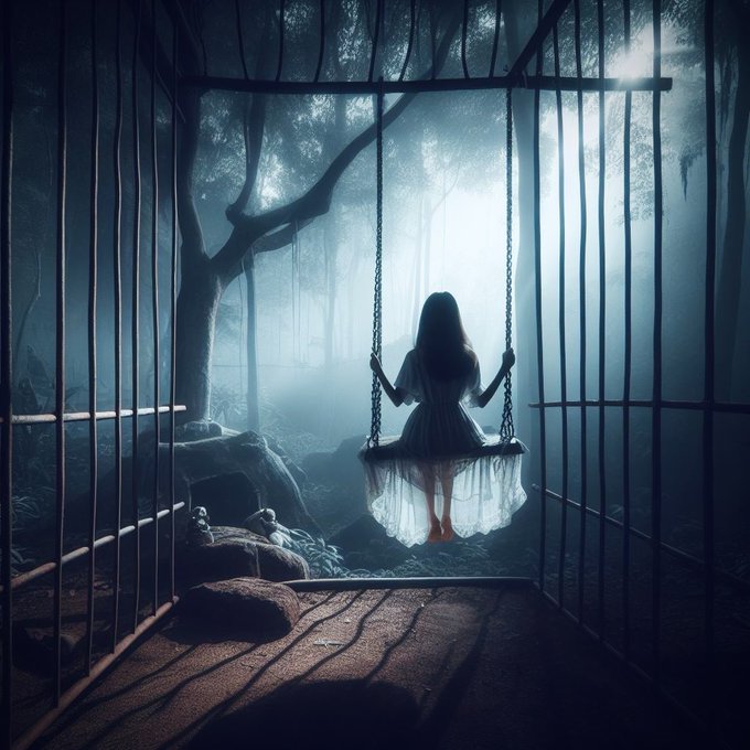 A moody, atmospheric image of a girl in a white dress sitting on a swing within a cage-like structure in a misty forest, with teddy bears resting nearby.