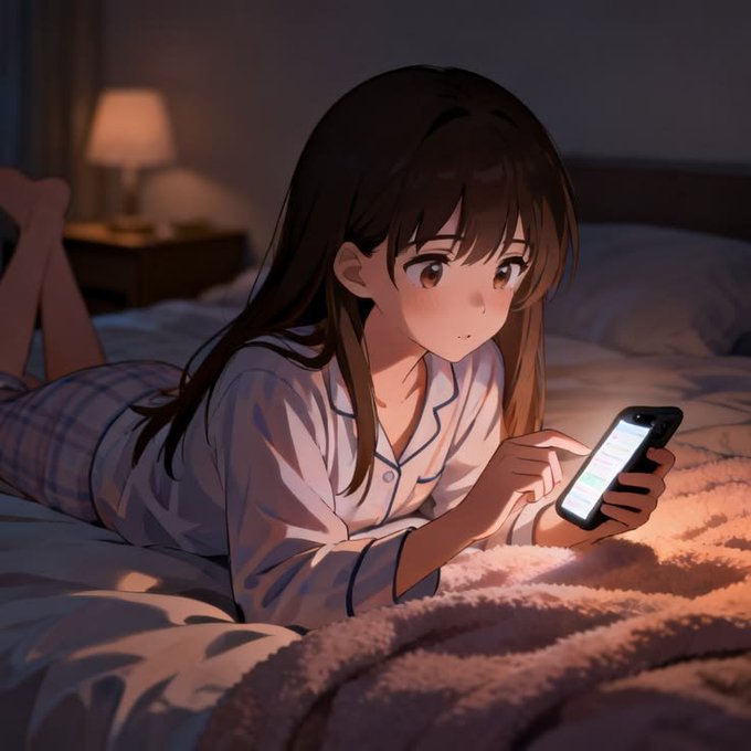 An anime-style illustration shows a brown-haired girl in pajamas lying on a bed, scrolling on her smartphone in a warmly lit room.