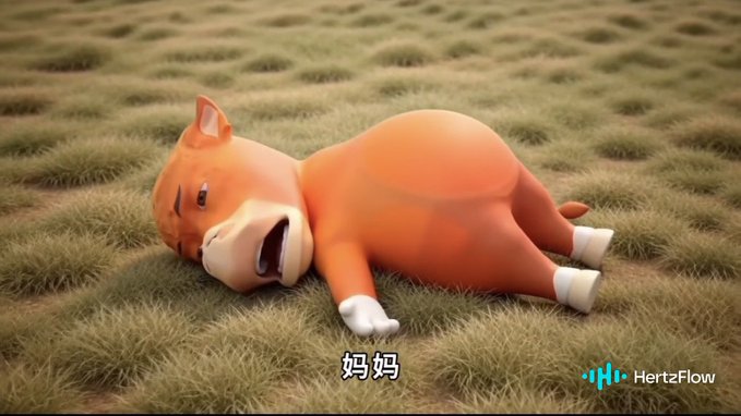 A cartoon horse lies exhausted on grassy terrain with the Chinese text "妈妈" (mom) displayed, illustrating the relatable humor of giving in to a "mom's" endless requests. The HertzFlow logo appears in the corner, tying the image to the post's message about accommodating any user demand.