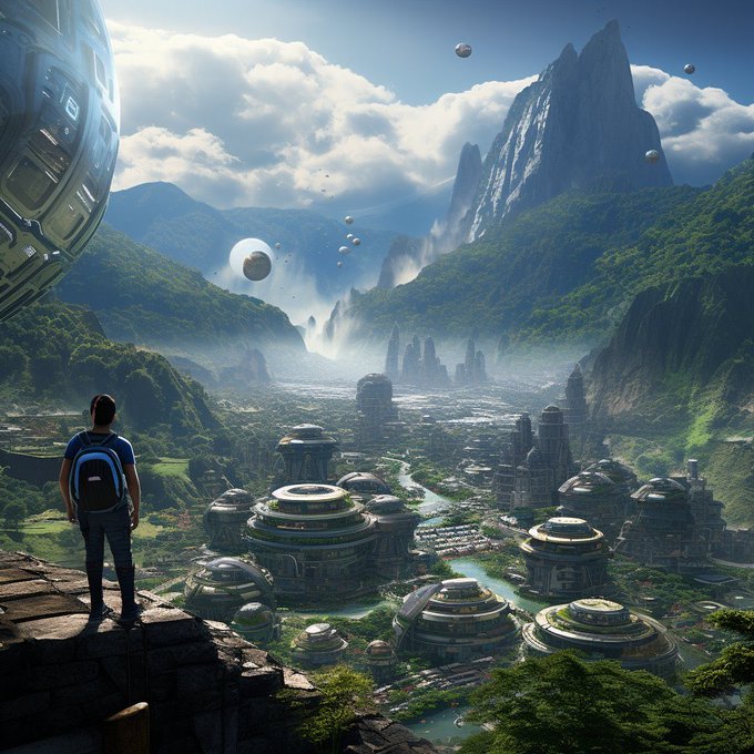 A sci-fi landscape showing a person with a blue backpack standing on a rocky ledge, overlooking a futuristic domed city in a lush valley surrounded by towering mountains and floating spheres.