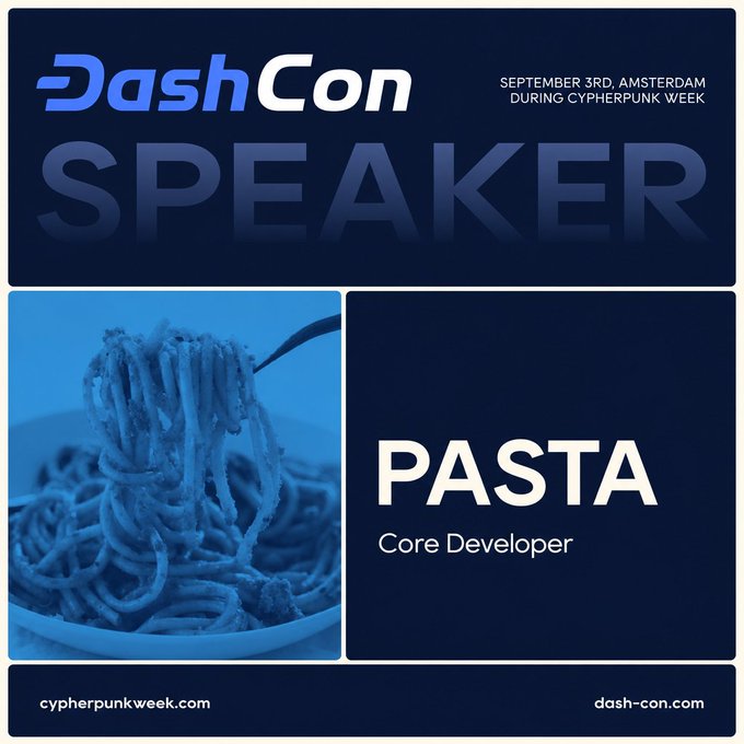 A DashCon speaker announcement card for 'PASTA - Core Developer' at the September 3rd Amsterdam event during Cypherpunk Week, featuring a blue-tinted image of pasta.