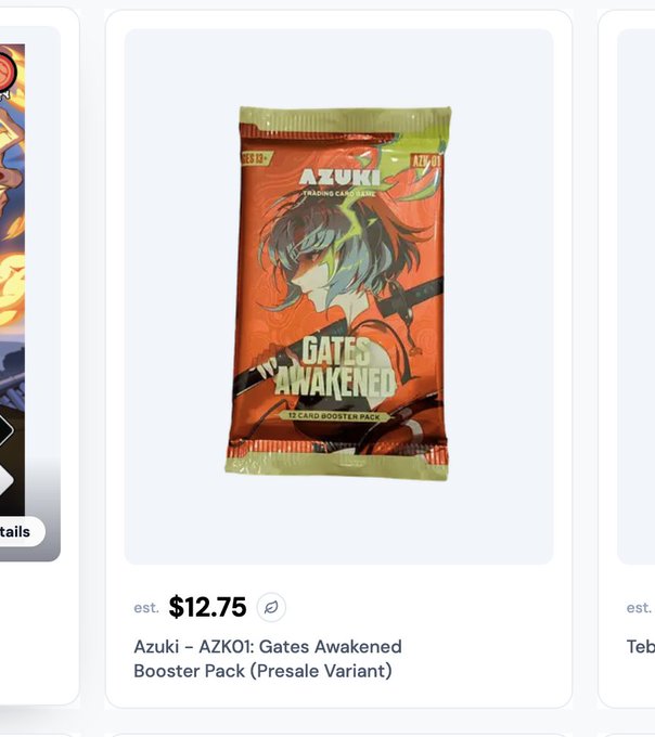 An Azuki – AZK01: Gates Awakened Booster Pack (Presale Variant) priced at an estimated $12.75, featured in a gacha as a common-tier pull likely to be claimed alongside rarer items.