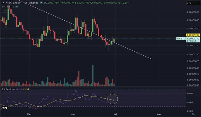 A TradingView chart shows the XRP/BTC daily pair declining along a descending trendline on Binance, with XRP trading at 0.00001772 BTC, while the RSI(14) at 43.94 has just dipped toward the 40 oversold threshold (circled in yellow), suggesting potential near-term support.