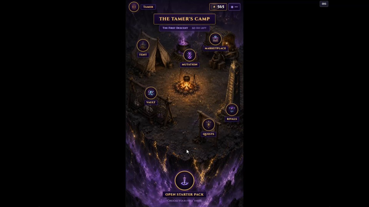 The image shows a page from an app or game titled "Tamer's Camp", featuring an open interface with various elements such as banners, buttons, and a camp layout. The post explains that every time you open a starter pack in the game, a random event occurs based on a predefined set of rules (the @magicblock VRF). This randomness adds unpredictability to the gameplay experience and can be used by players to verify the fairness of the game. It also indicates that the player has re-derived the current pack from its past gameplay experiences. The focus should remain on how the image relates to the content of the post or app it's part of, without speculating about unrelated aspects like a backpack being visible in the scene.