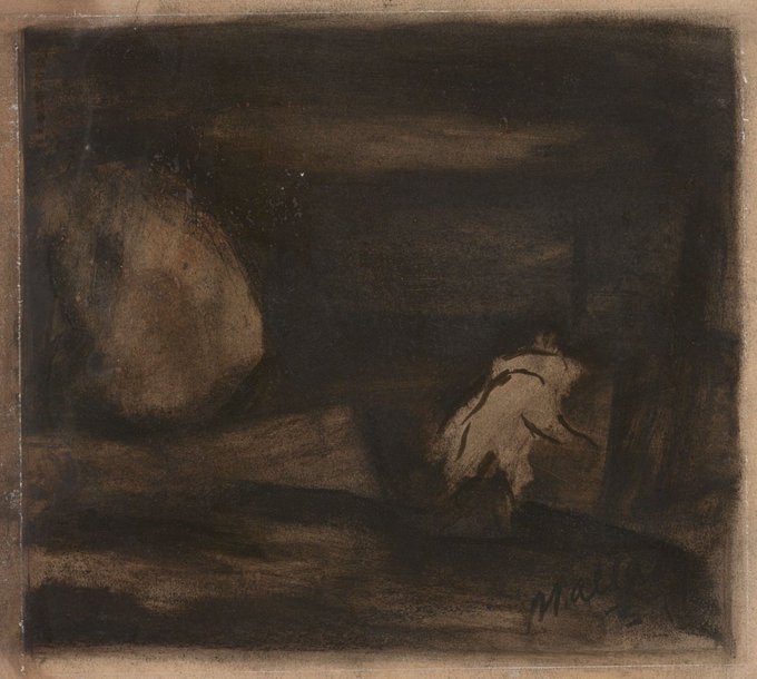 A dark, moody painting or drawing depicts a skull resting on the ground in a shadowy, atmospheric setting, with a signature and date visible in the lower right corner.