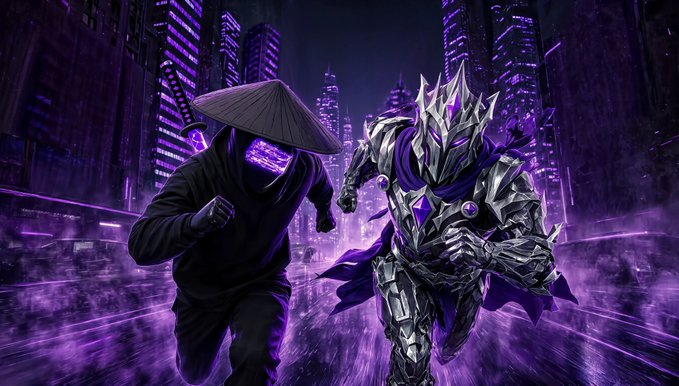 A ninja-like figure in a black hood and conical hat sprints alongside a fierce armored warrior through a neon-lit purple cityscape, embodying the dark, powerful energy of the free NFT mint collaboration between Inkscore and VYRA on Ink Onchain.