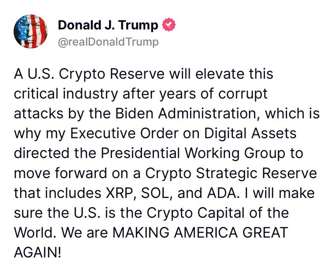 A tweet from Donald J. Trump (@realDonaldTrump) announcing a U.S. Crypto Strategic Reserve that includes XRP, SOL, and ADA, with the accompanying post debunking the specific portfolio allocation ("60% $XRP, 15% $BTC, 10% $ETH, 10% $SOL, 5% Cardano") and "$4 billion in value" claim as inconsistent with the image's actual content.