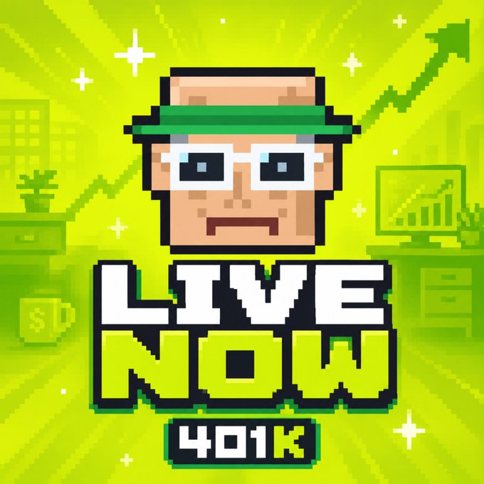 A pixel art character wearing a green visor and glasses appears above bold "LIVE NOW 401K" text on a vibrant green background with sparkles, office scenery, and an upward arrow, visually promoting the 401K NFT mint event with the featured contract address "0xb5c46b15676c05af50c21f12f3ad33b136b698fa."