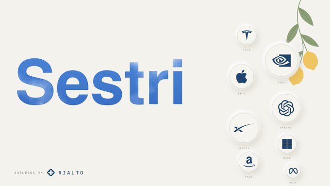 A promotional graphic featuring the word "Sestri" in bold blue lettering alongside a collection of circular icons representing major companies and platforms, including Tesla, Apple, NVIDIA, OpenAI, Microsoft, Amazon, Meta, SpaceX, and the Silk Road (SVOR), with decorative lemon branches in the upper right. The bottom left reads "BUILDING ON RIALTO," indicating Sestri's connection to the Rialto and Varo platforms mentioned in the post, likely as a multi-platform product being offered to developers on Robinhood Chain.