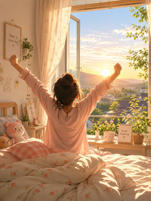 A young woman stretches her arms in greeting toward a golden sunrise through an open window, enjoying a peaceful morning from her floral bed, with a mug and "Good morning" sign on the windowsill—capturing the serene, cozy start to the day reflected in the post's celebration of simple morning rituals.

Visible text includes "Have a nice day" on a framed wall sign and "Good morning" on the windowsill card.