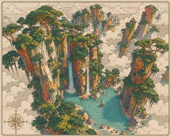 An illustrated fantasy map featuring towering rock formations covered in lush green vegetation, waterfalls cascading into a teal river, with a small sailboat and a compass rose in the corner.