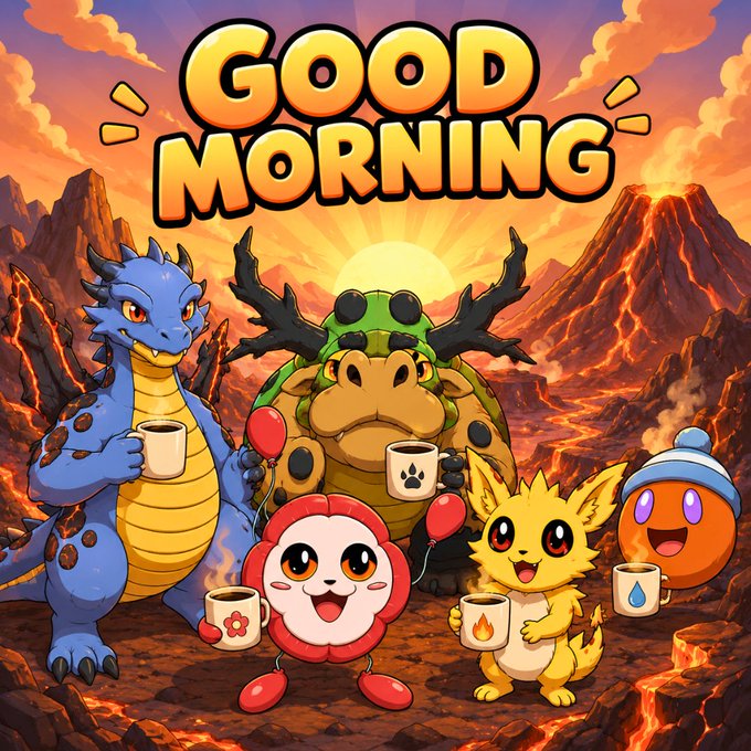 A colorful cartoon illustration of various creatures (a dragon, turtle, etc.) holding coffee mugs with the text 'GOOD MORNING' at the top.