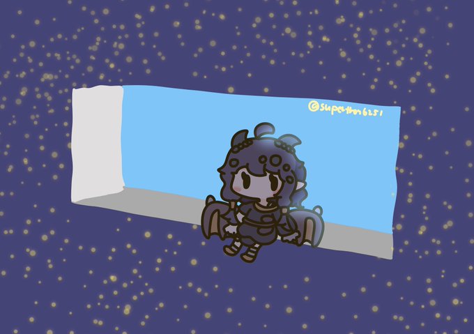 A cute chibi character with wings sits on a windowsill beneath a starry night sky. The watermark reads "@Superthon6251".