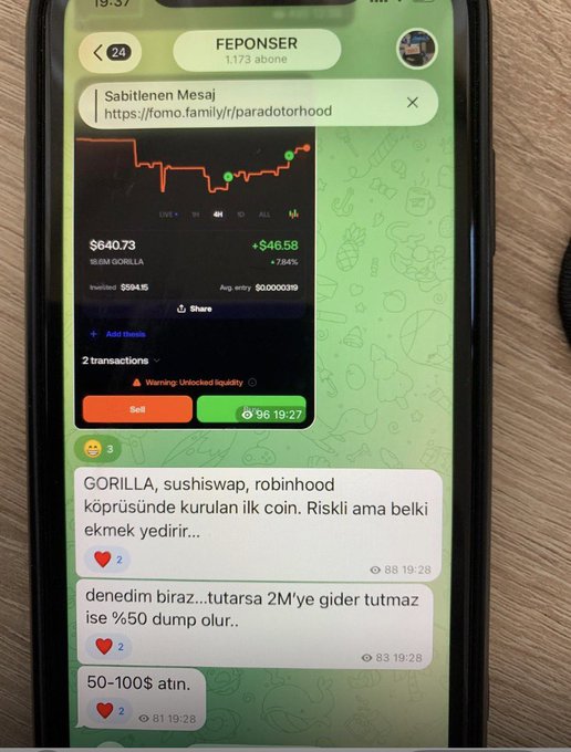 A mobile screenshot of a Turkish Telegram channel named 'FEPONSER' showing a meme coin ($GORILLA) chart and discussion about its listing on platforms like sushiswap and robinhood.
