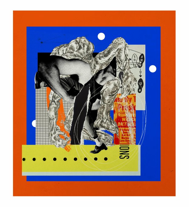 A vibrant collage artwork features a distorted black and white figure layered over bright blue and orange backgrounds, with visible text including "SNO" and "Bruce Dickinson".