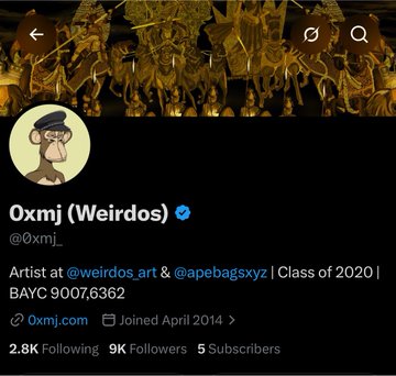 A Twitter/X profile for "0xmj (Weirdos)" (@0xmj_) with a Bored Ape NFT avatar, showing 2.8K Following, 9K Followers, and 5 Subscribers, listed as an artist at @weirdos_art and @apebagsxyz.