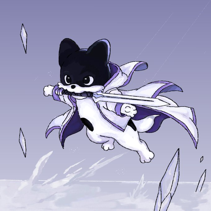 A digital illustration of a small black and white dog wearing a white and purple cloak, wielding a sword mid-air with an eye symbol on its forehead.