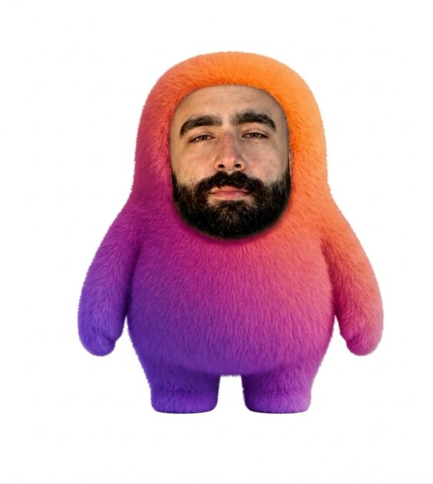 A whimsical character design featuring a bearded man's face photoshopped onto the body of a small, fuzzy creature with a gradient from orange to pink to purple.